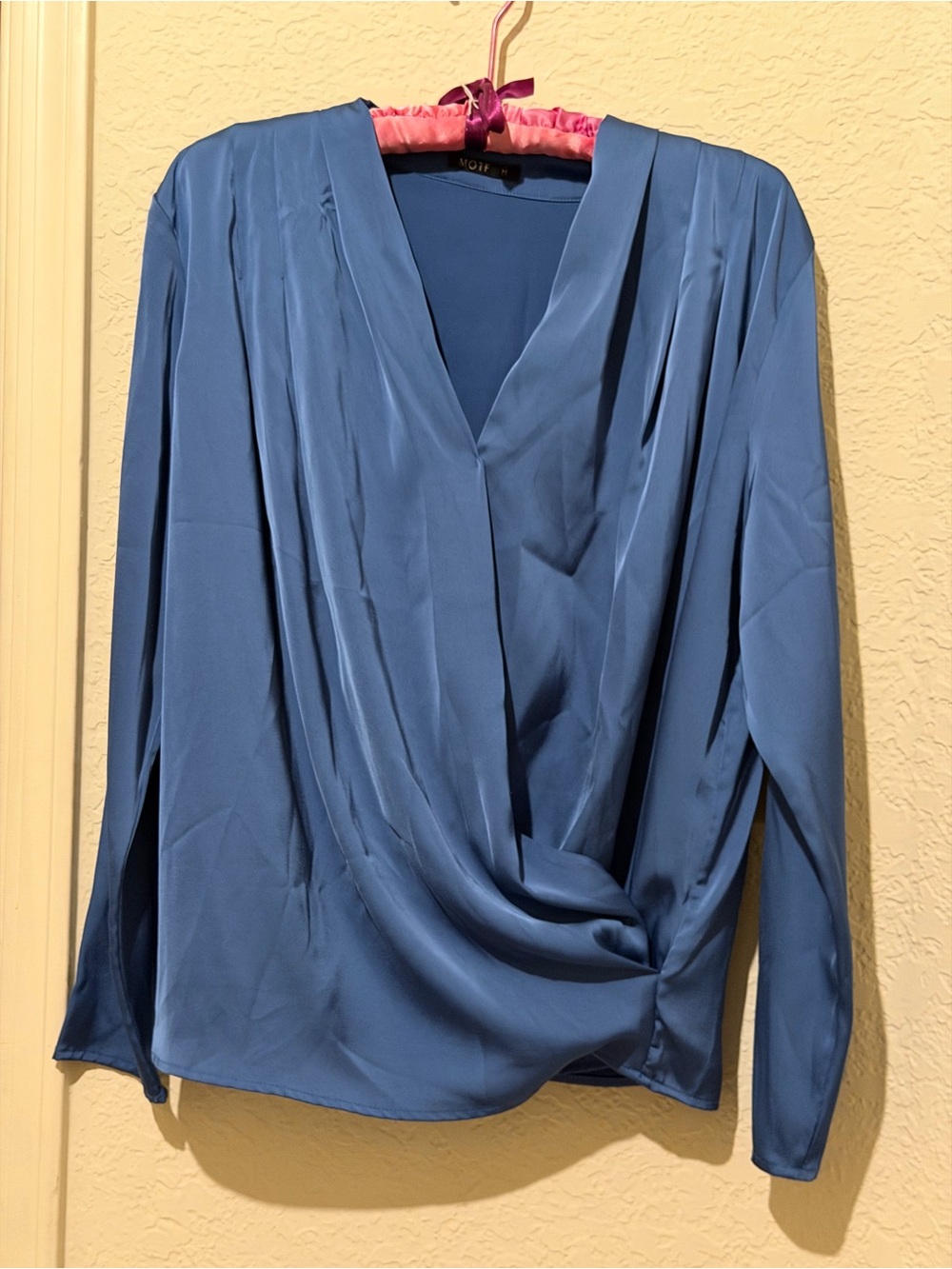 MOTF Slate Blue Draped Surplice Long-Sleeve Blouse